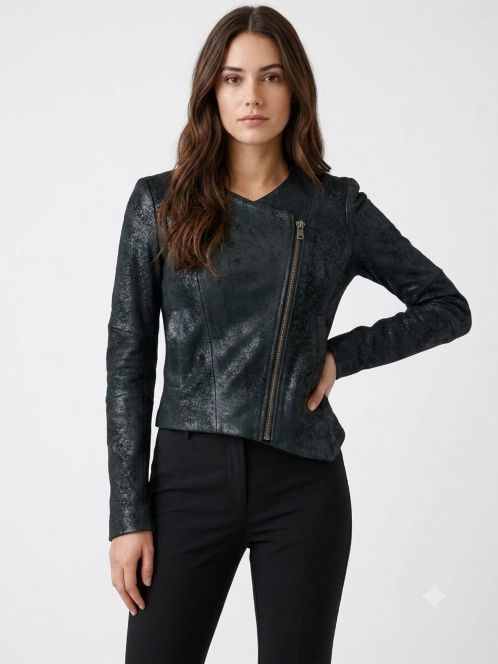 Helmut Lang Asymmetrical Black Coated Lamb Leather Biker Jacket - Size P